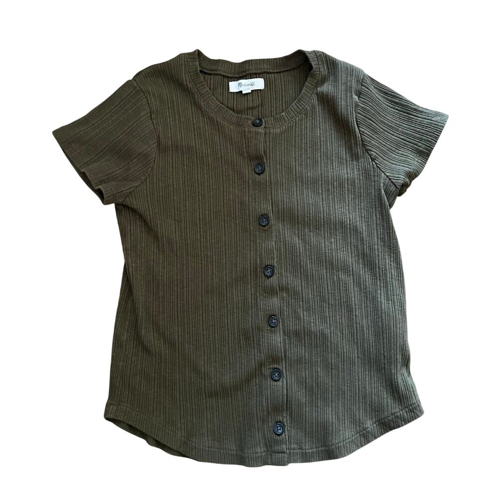 Madewell Pointelle Button Front Slim Cropped T-Shirt In Olive Color | XS - Picture 2 of 5